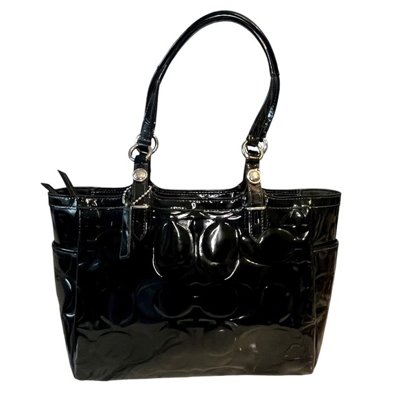 Coach Signature Embossed Black Patent Leather Tote Shoulder Bag Satchel F16564 - Picture 5 of 12
